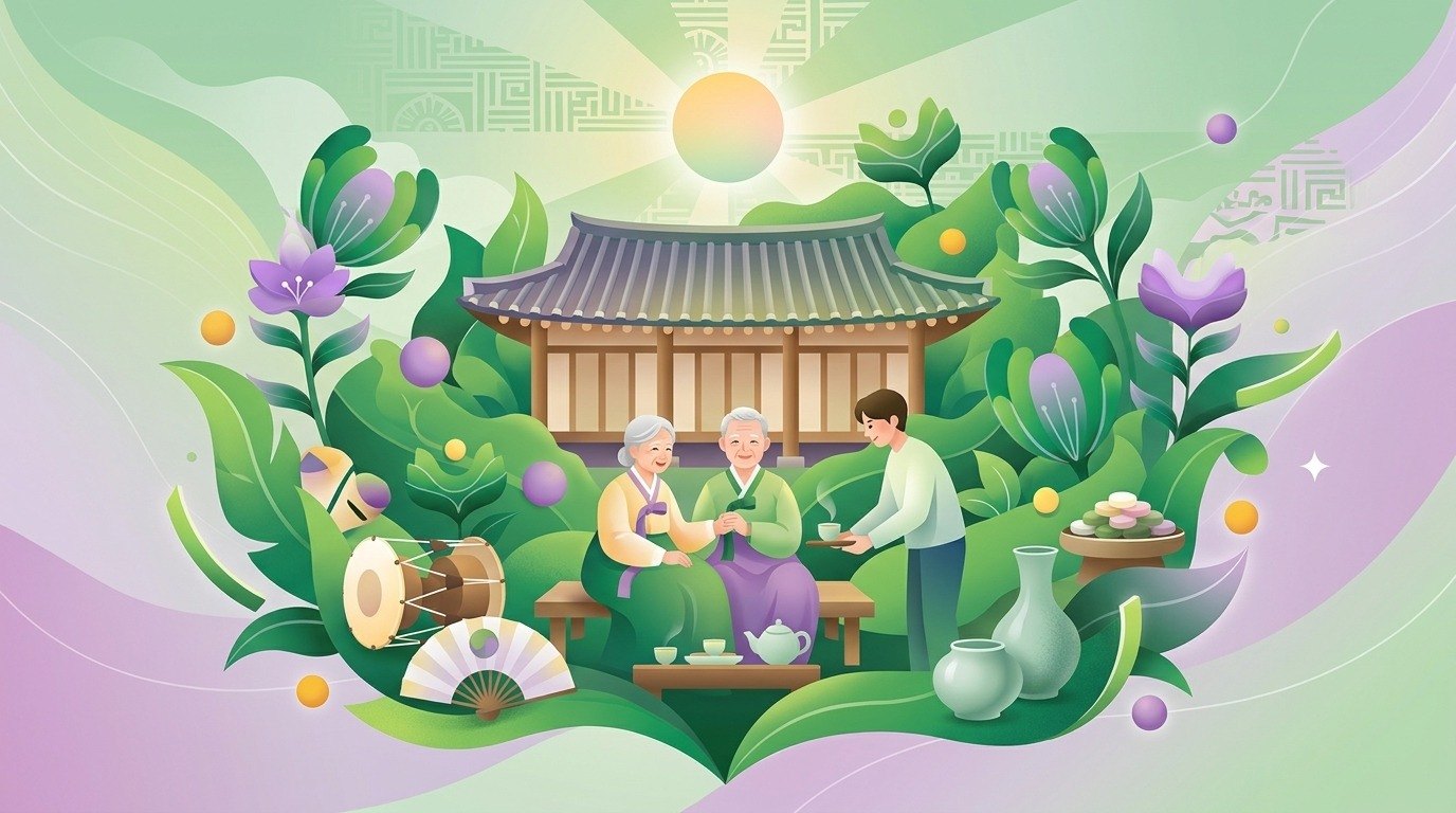 Two elders in hanbok sharing tea with a caregiver outside a traditional Korean home